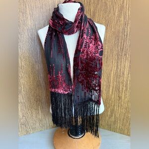 Vintage Burgundy Burnout Velvet Fringe Boho Scarf Art‎ Deco Revival Whimsigoth